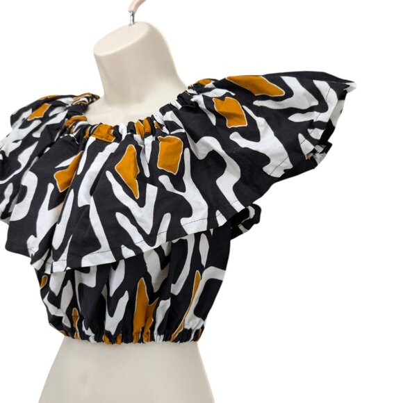 Francis Benedict Crop Top Womens Black Gold African Flutter Sleeve Pullover OS - Picture 3 of 8